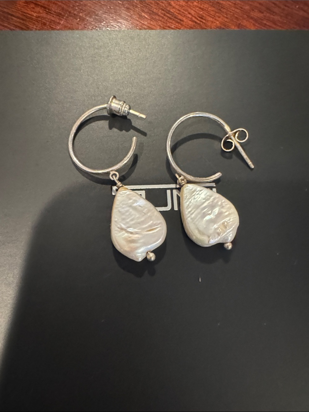 Silver Hoop Earrings with White Baroque Pearl Drops